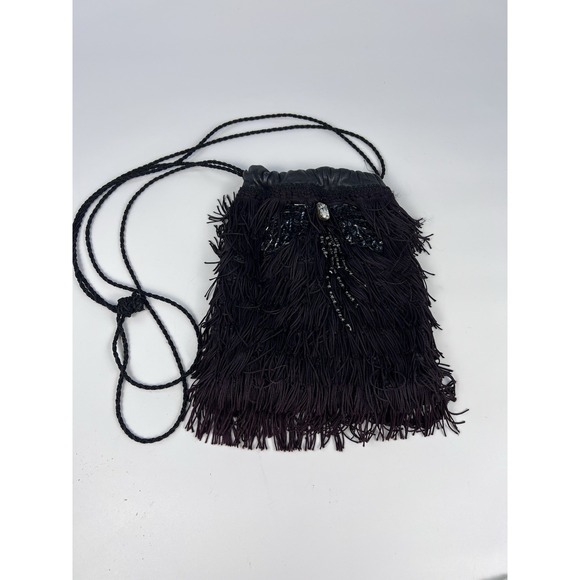 Unbranded Handbags - Vintage Flapper Style Black Fringe Evening Bag Rhinestone Beaded Crossbody